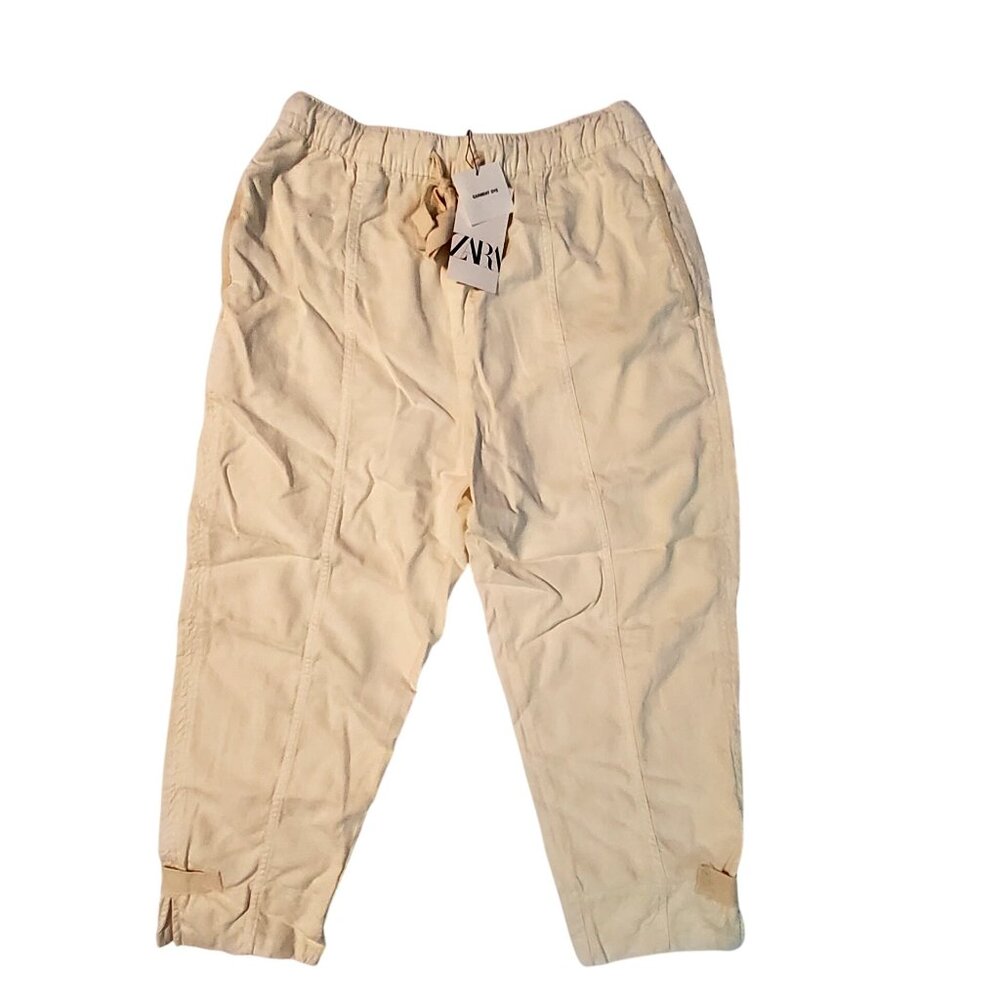Zara Womens Garment-Dyed Beige Pants Drawstring Waist Rolled Hem Size L
